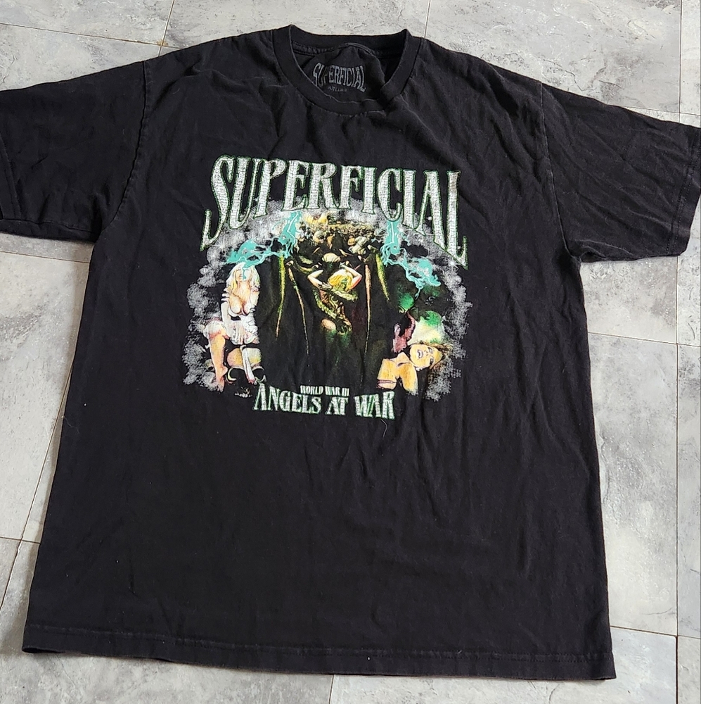 SUPERFICIAL tshirt Black Short Sleeve Graphic Tee size L, rare, unique